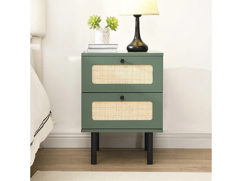 Table de chevet 2 tiroirs vert et cannage 40 cm - Luma