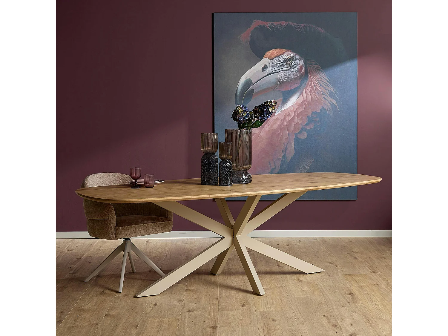 Table rectangulaire bois bords arrondis pied blanc 180 cm LEXTON