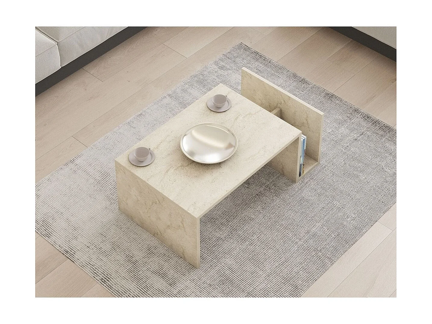 Table basse rectangulaire 2 niches effet Travertin 87 cm - Neris