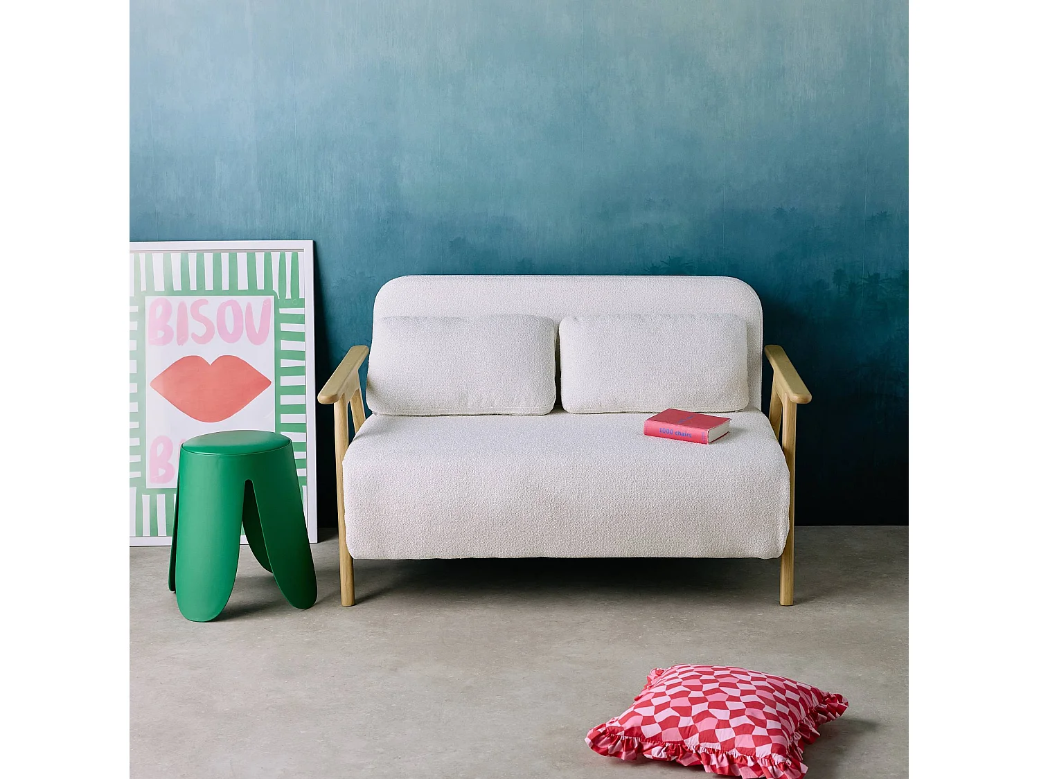 Banquette canapé convertible 2 places bois d'hévéa et bouclette texturée crème L 133 x P 81 x 84cm - Sven