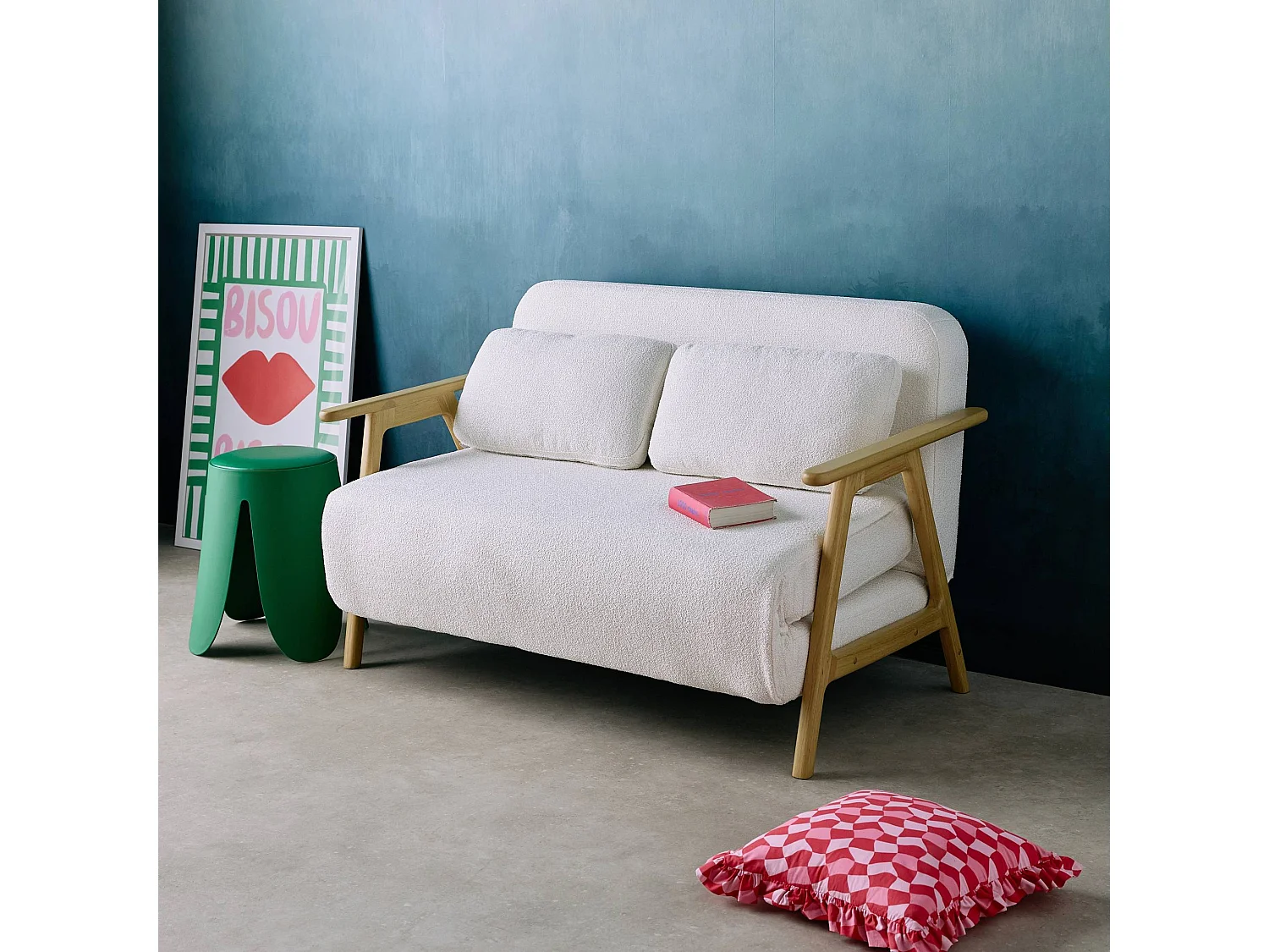 Banquette canapé convertible 2 places bois d'hévéa et bouclette texturée crème L 133 x P 81 x 84cm - Sven