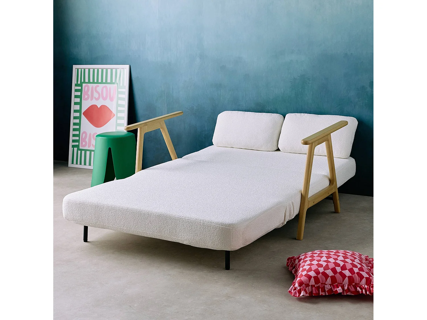 Banquette canapé convertible 2 places bois d'hévéa et bouclette texturée crème L 133 x P 81 x 84cm - Sven