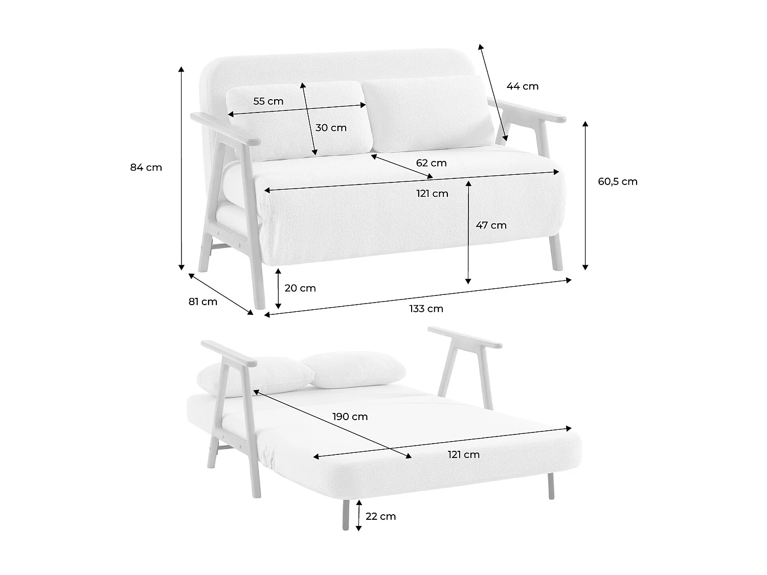 Banquette canapé convertible 2 places bois d'hévéa et bouclette texturée crème L 133 x P 81 x 84cm - Sven