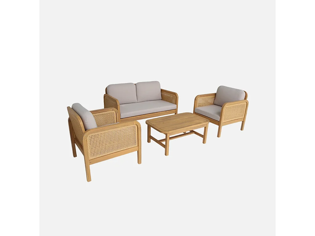Salotto da giardino in legno di acacia e canna intrecciata, 4 posti,