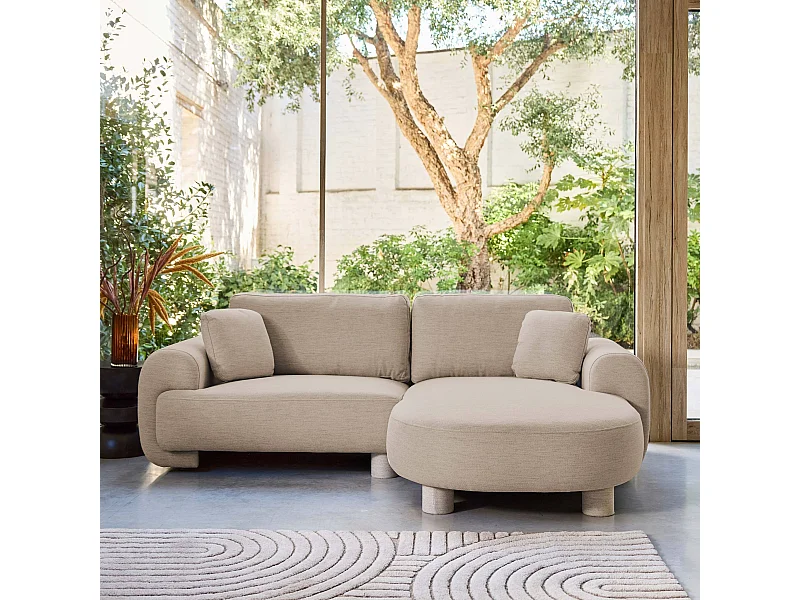 Canapé d'angle droite 3 places tissu beige. pieds ronds L 231 x P 160 / 88 cm - Zenio