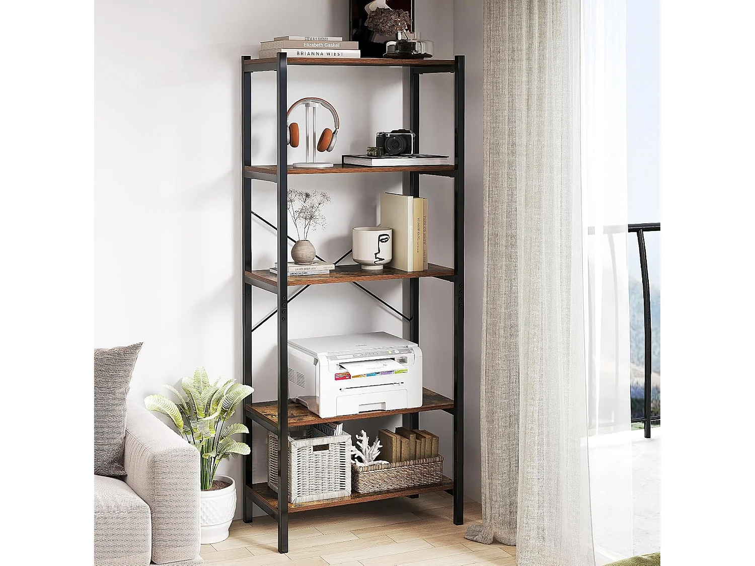 Boekenkast, 5 niveaus, industrieel rek van hout met metalen frame, vrijstaand, opbergrek voor woonkamer en slaapkamer, kantoor, 66 x 34 x 161 cmVH33119