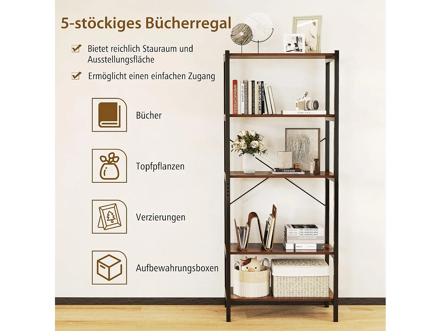 Boekenkast, 5 niveaus, industrieel rek van hout met metalen frame, vrijstaand, opbergrek voor woonkamer en slaapkamer, kantoor, 66 x 34 x 161 cmVH33119