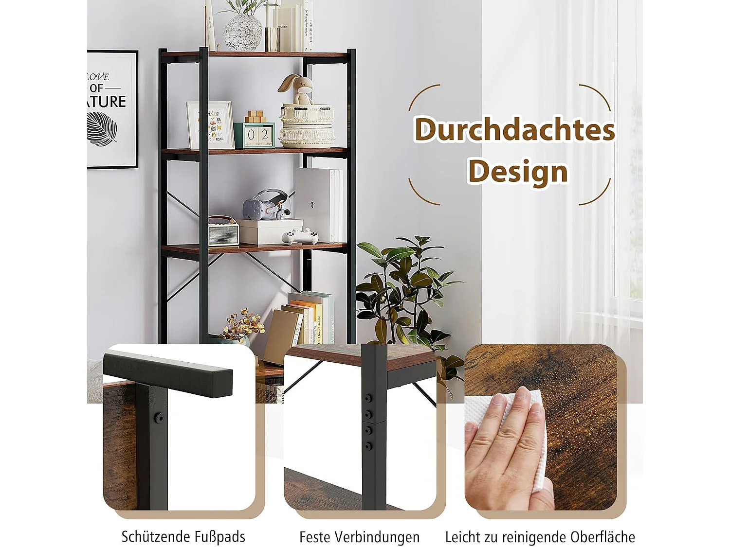 Boekenkast, 5 niveaus, industrieel rek van hout met metalen frame, vrijstaand, opbergrek voor woonkamer en slaapkamer, kantoor, 66 x 34 x 161 cmVH33119