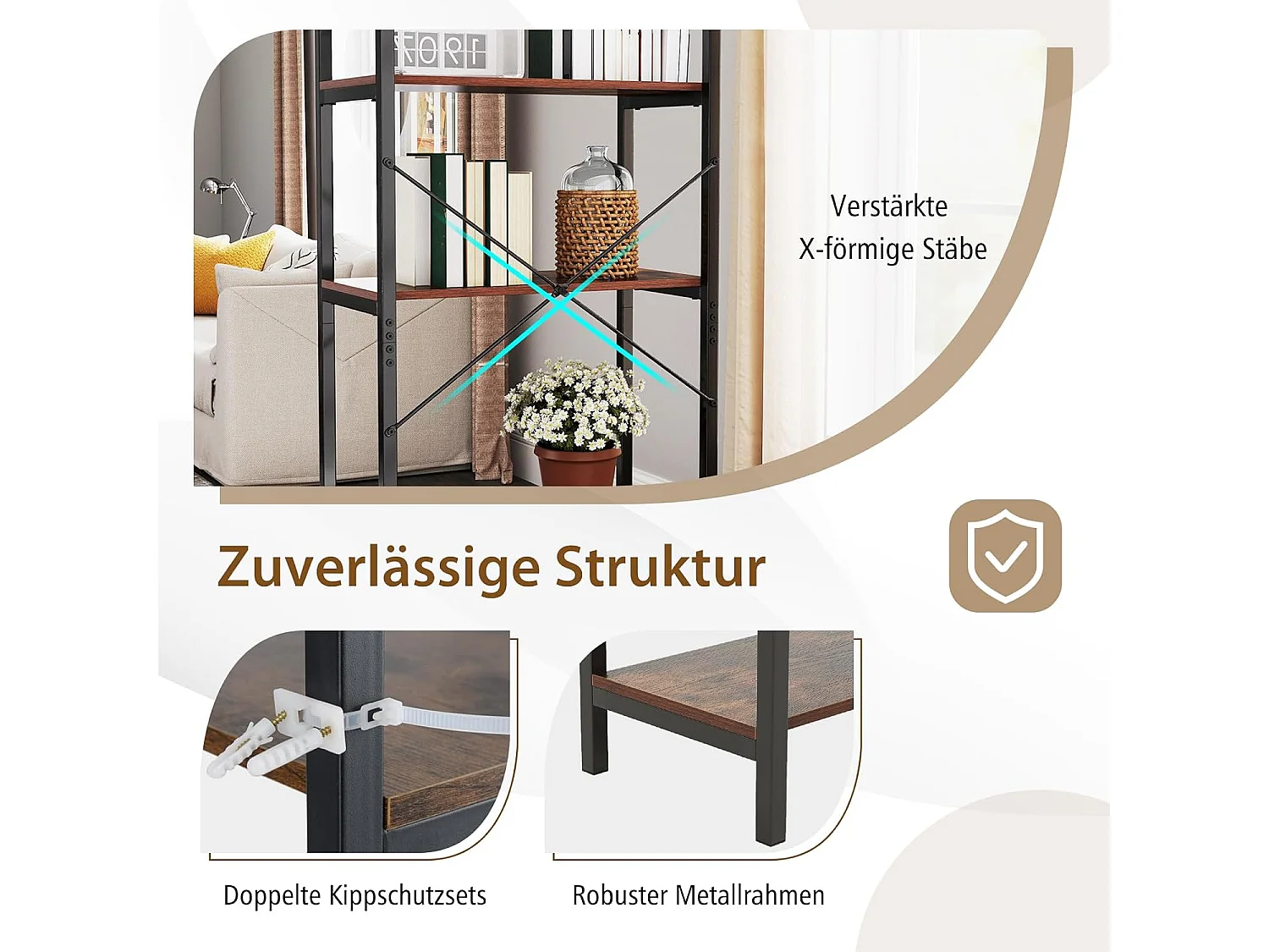 Boekenkast, 5 niveaus, industrieel rek van hout met metalen frame, vrijstaand, opbergrek voor woonkamer en slaapkamer, kantoor, 66 x 34 x 161 cmVH33119