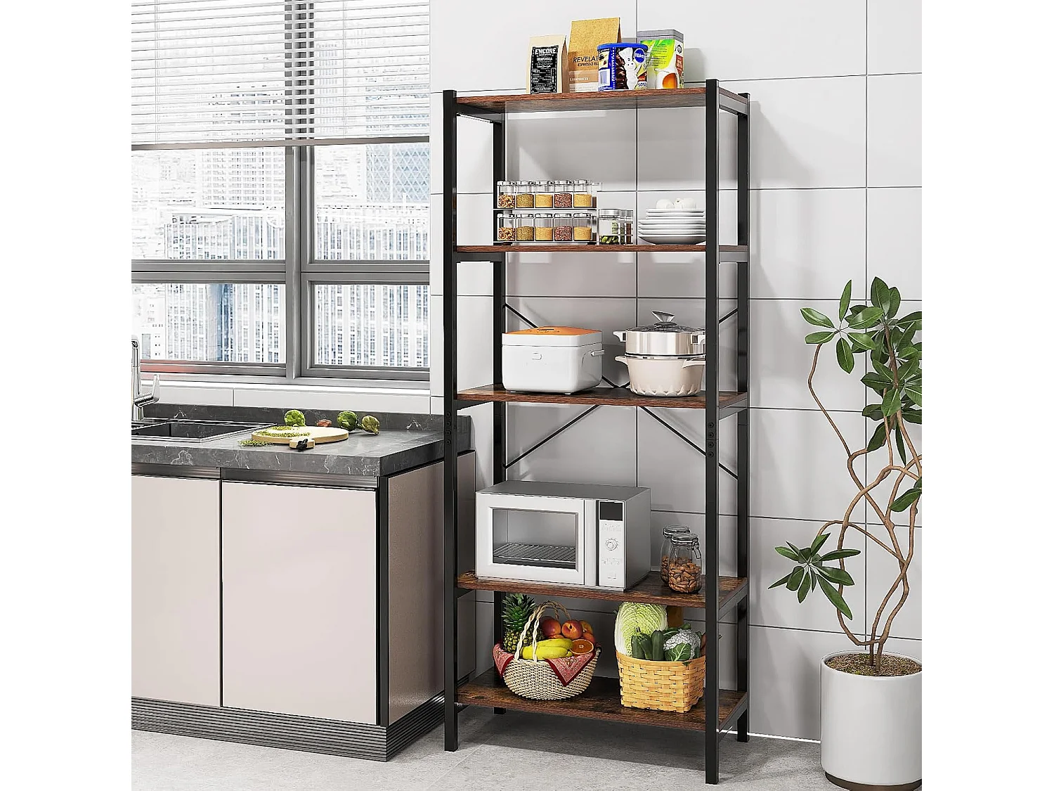 Boekenkast, 5 niveaus, industrieel rek van hout met metalen frame, vrijstaand, opbergrek voor woonkamer en slaapkamer, kantoor, 66 x 34 x 161 cmVH33119