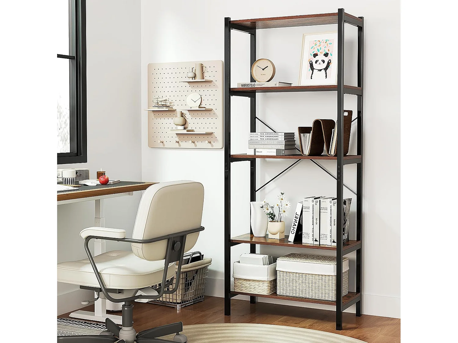 Boekenkast, 5 niveaus, industrieel rek van hout met metalen frame, vrijstaand, opbergrek voor woonkamer en slaapkamer, kantoor, 66 x 34 x 161 cmVH33119