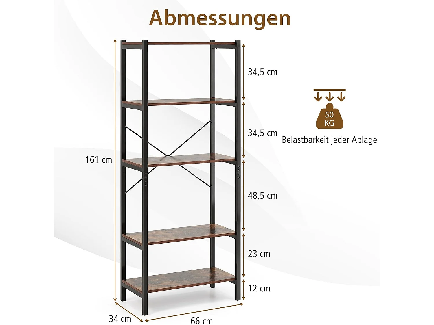 Boekenkast, 5 niveaus, industrieel rek van hout met metalen frame, vrijstaand, opbergrek voor woonkamer en slaapkamer, kantoor, 66 x 34 x 161 cmVH33119
