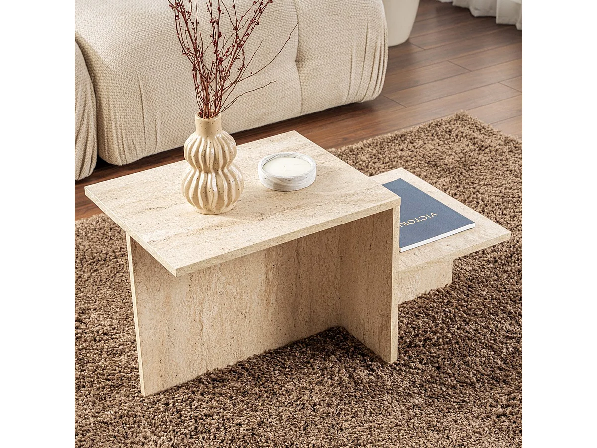 Table basse rectangulaire 2 niveaux effet Travertin 80 cm - Calys