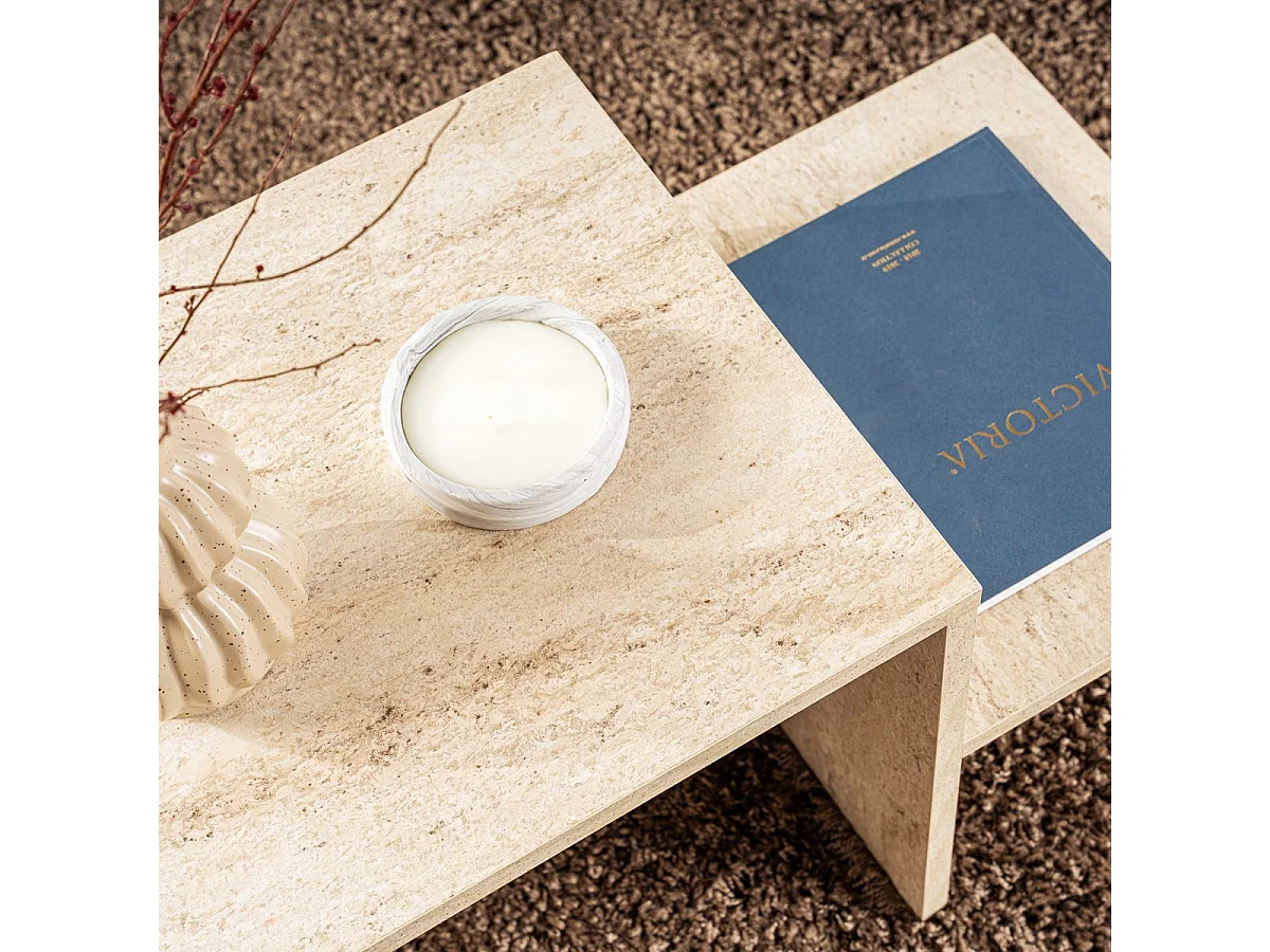 Table basse rectangulaire 2 niveaux effet Travertin 80 cm - Calys