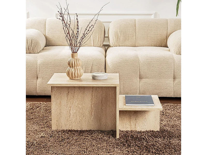 Table basse rectangulaire 2 niveaux effet Travertin 80 cm - Calys