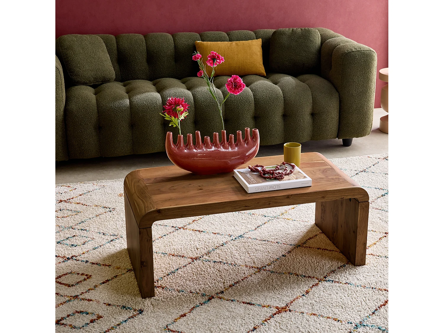 Mesa de centro rectangular de madera maciza de acacia nogal