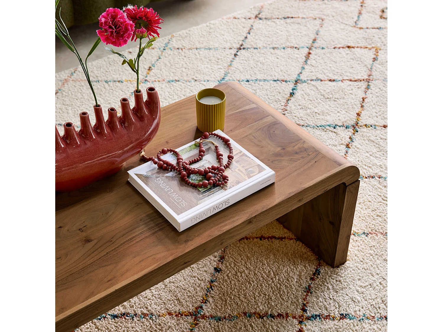 Mesa de centro rectangular de madera maciza de acacia nogal