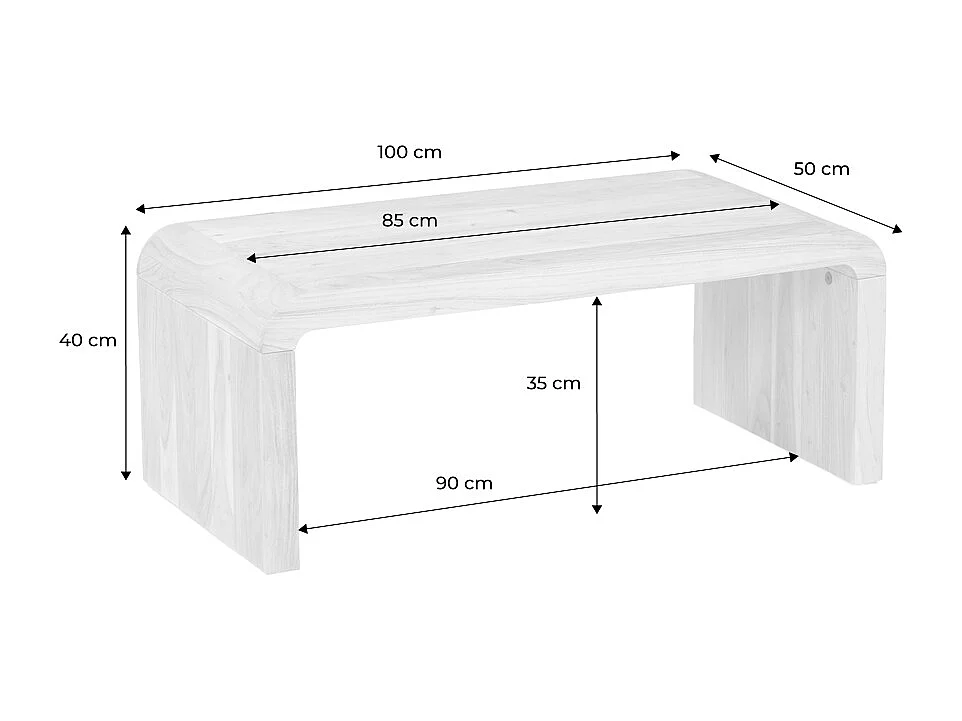 Tavolino rettangolare in legno massello di acacia, noce