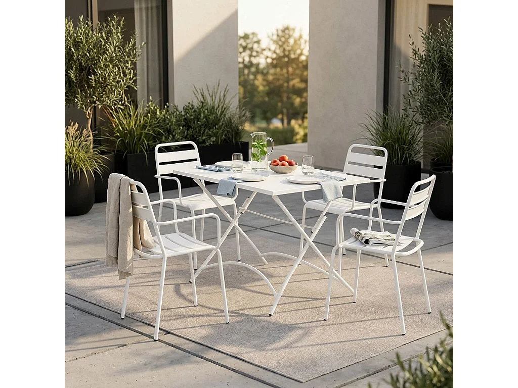 Milani Home - Set Tavolo Rettangolare Fisso 110x70 Con 4 Poltrone In Ferro Bianco Per Esterno Giardino - Bianco