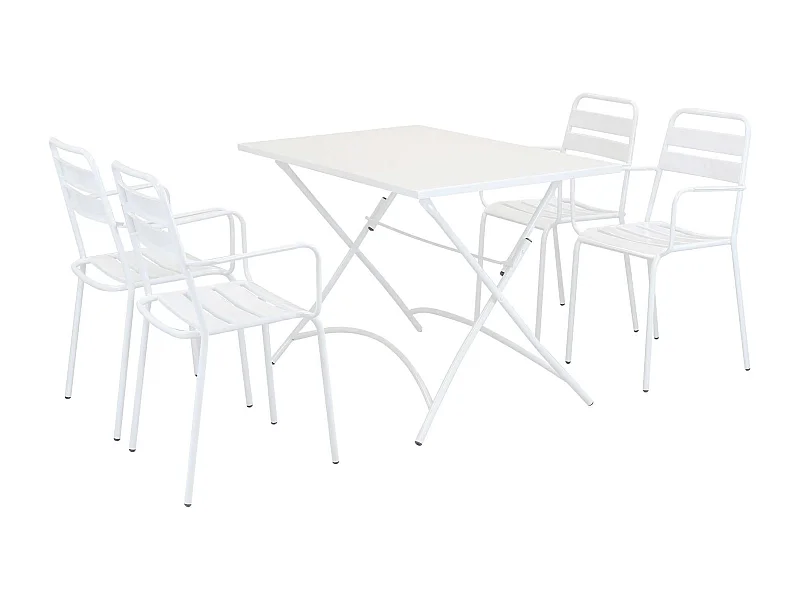 MilaniHome.it - Set Tavolo Rettangolare Fisso 110x70 Con 4 Poltrone In Ferro Bianco Per Esterno Giardinodi coloreBianco