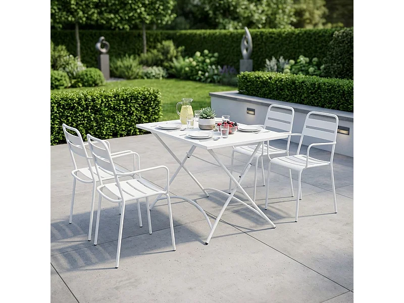 Milani Home - Set Tavolo Rettangolare Fisso 110x70 Con 4 Poltrone In Ferro Bianco Per Esterno Giardino - Bianco
