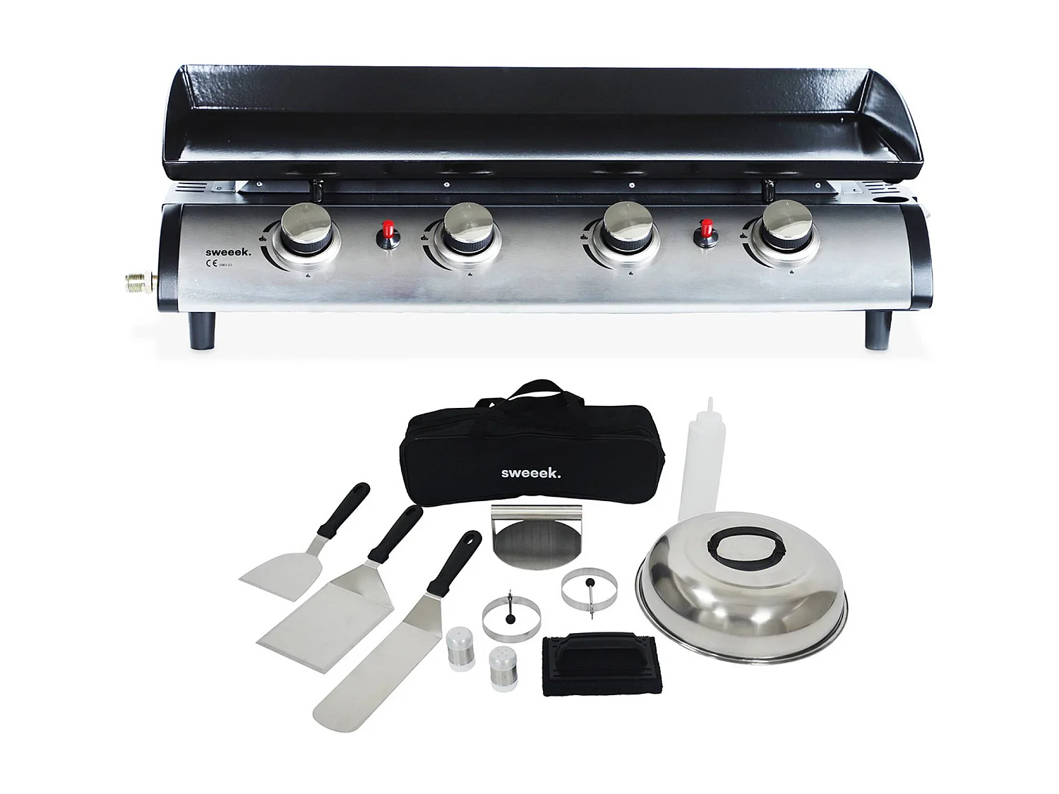Plancha de gas 4 quemadores de acero inoxidable con utensilios, 10kw