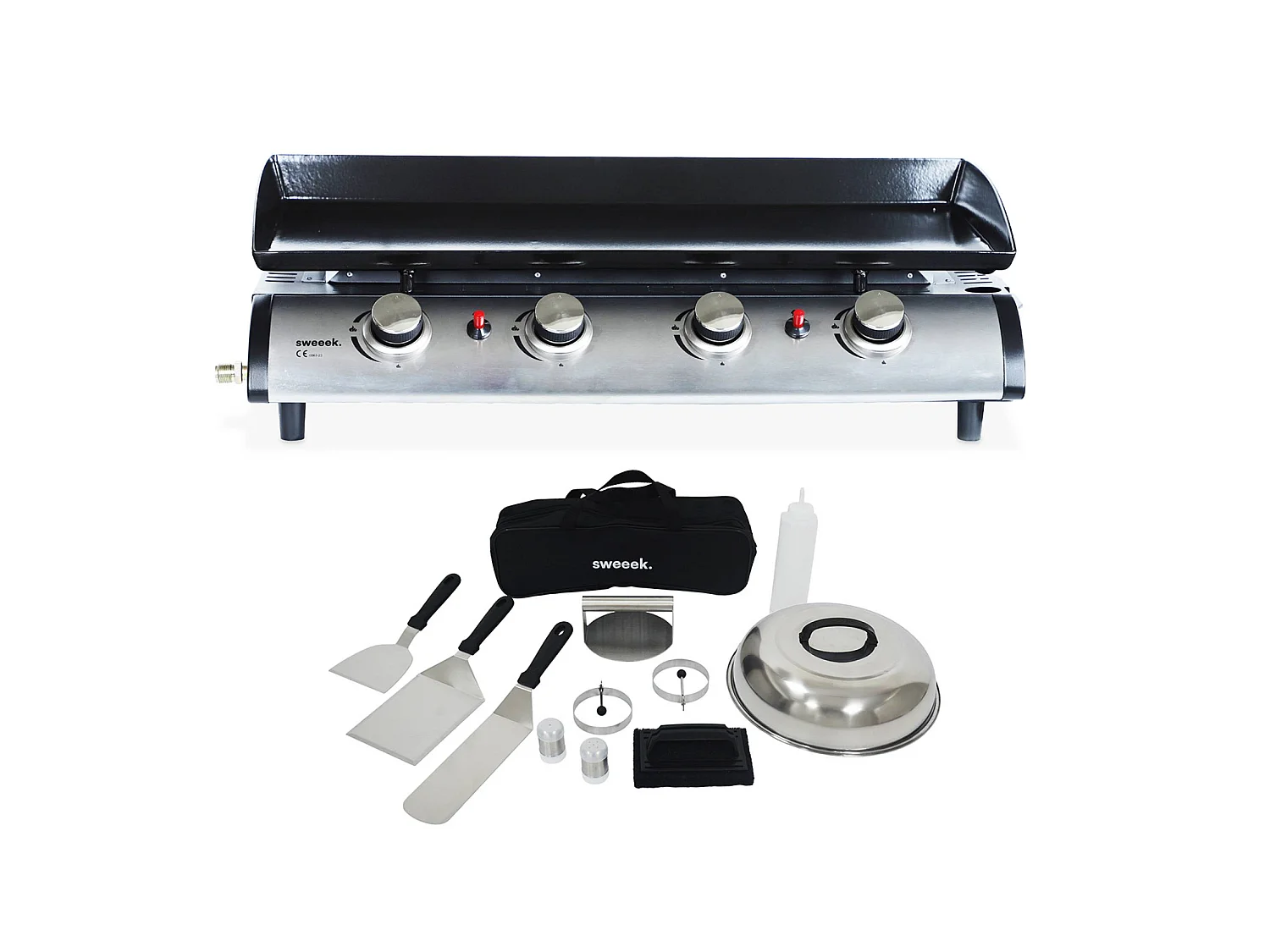 Plancha de gas 4 quemadores de acero inoxidable con utensilios, 10kw