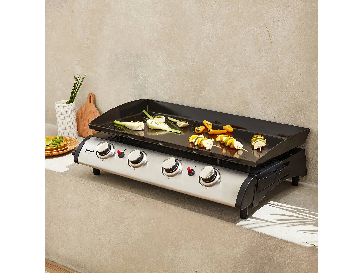 Plancha de gas 4 quemadores de acero inoxidable con utensilios, 10kw