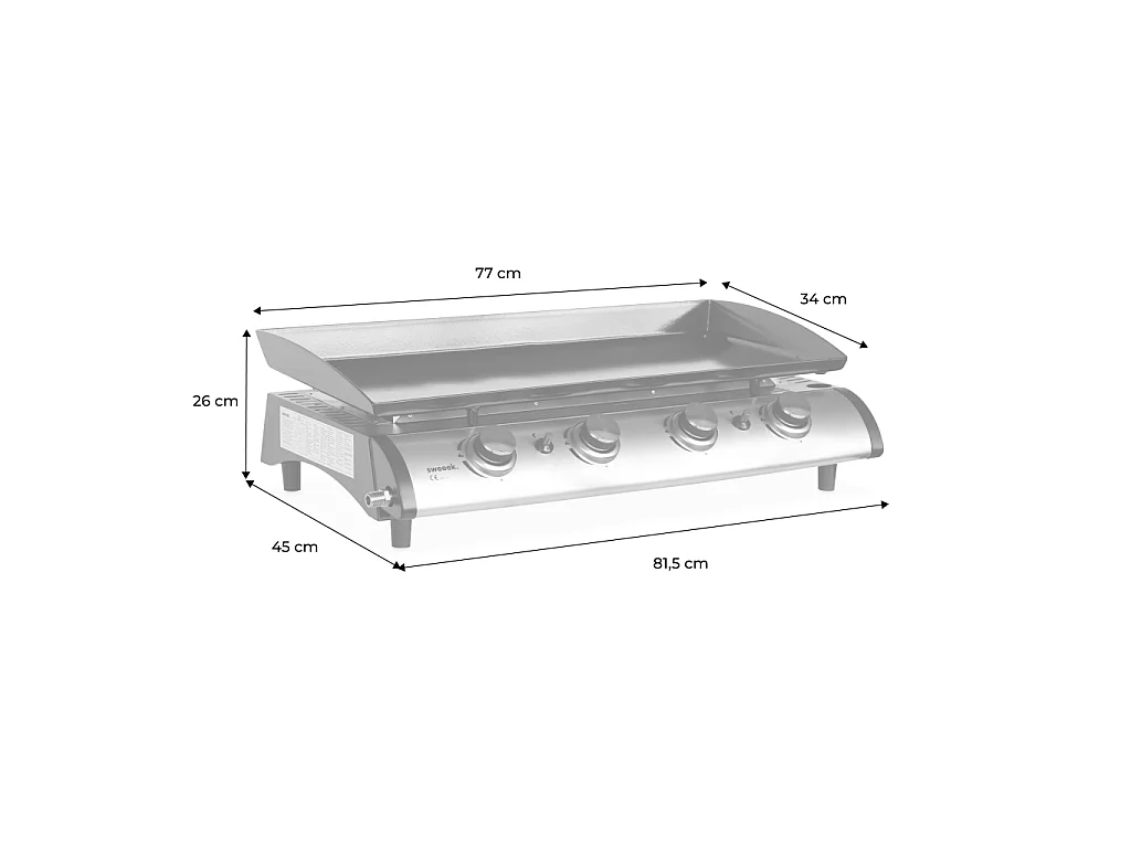 Plancha de gas 4 quemadores de acero inoxidable con utensilios, 10kw