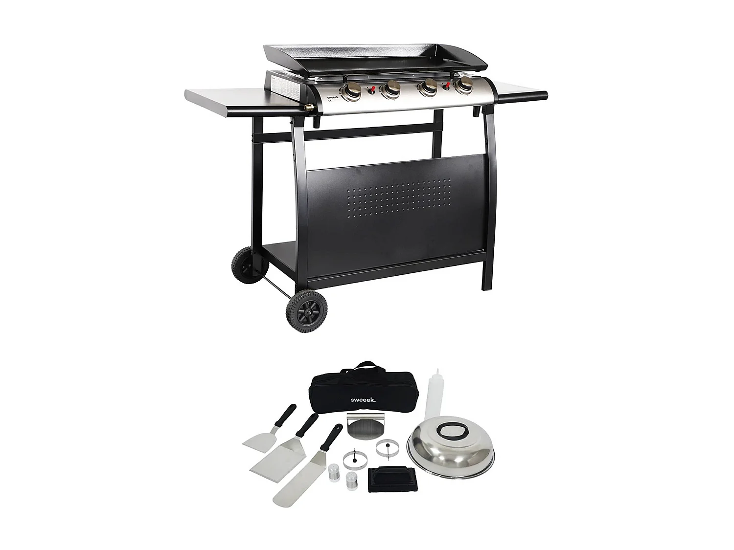 Plancha de gas 4 quemadores de acero inoxidable con carrito y