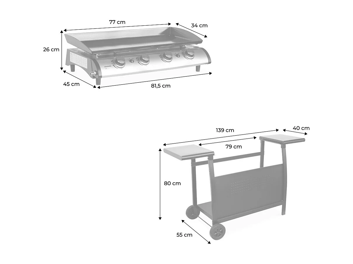Plancha de gas 4 quemadores de acero inoxidable con carrito y