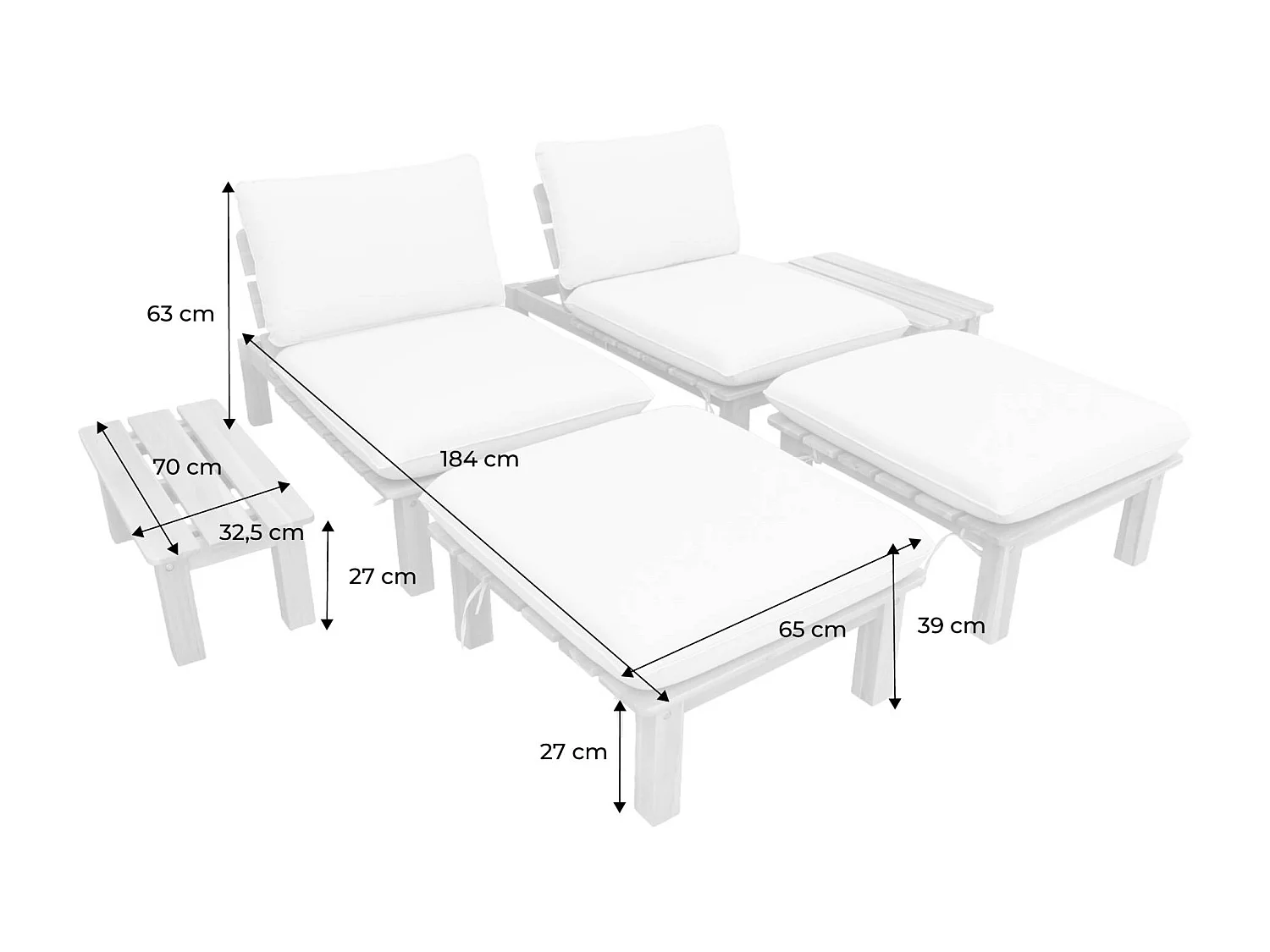 Set 2 lettini prendisole modulari in legno multiposizione con