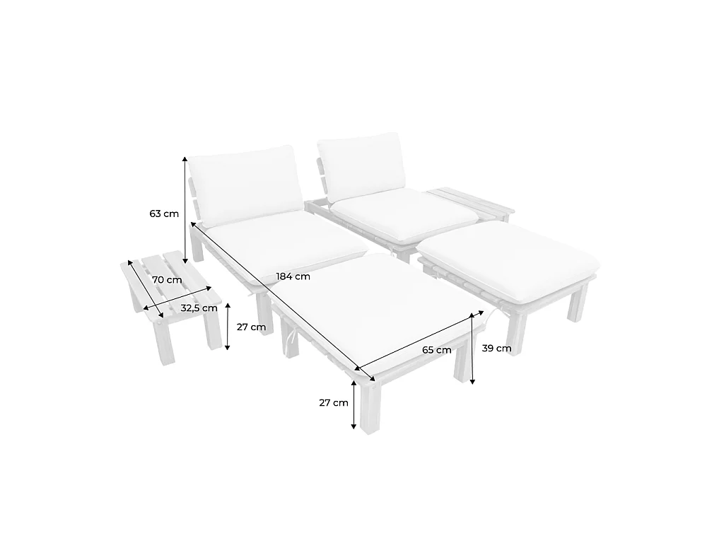 Set 2 lettini prendisole modulari in legno multiposizione con tavolino Marrone naturale - 65x70x27