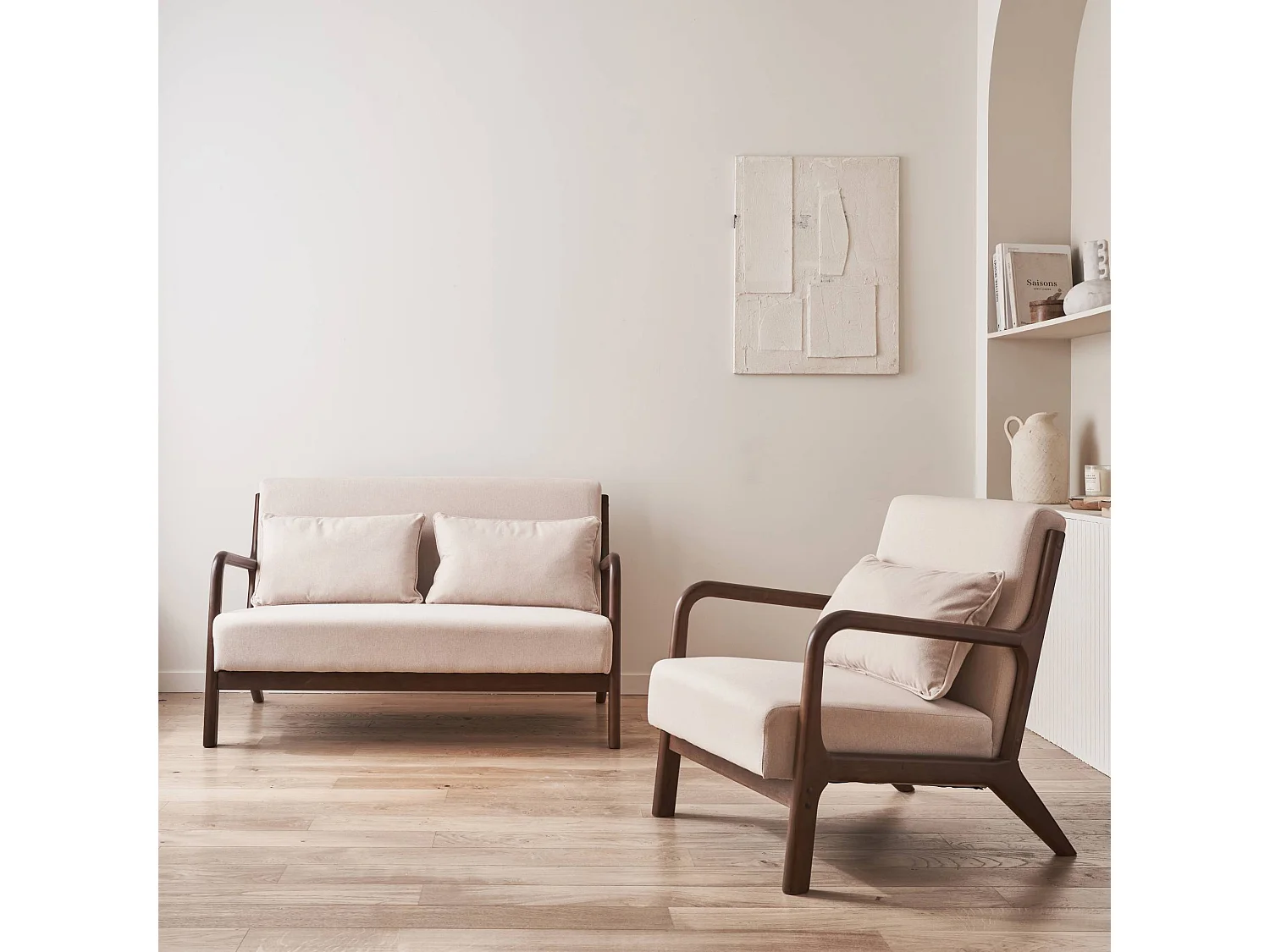 Set panca scandinava 2 posti e poltrona in legno di hevea, beige
