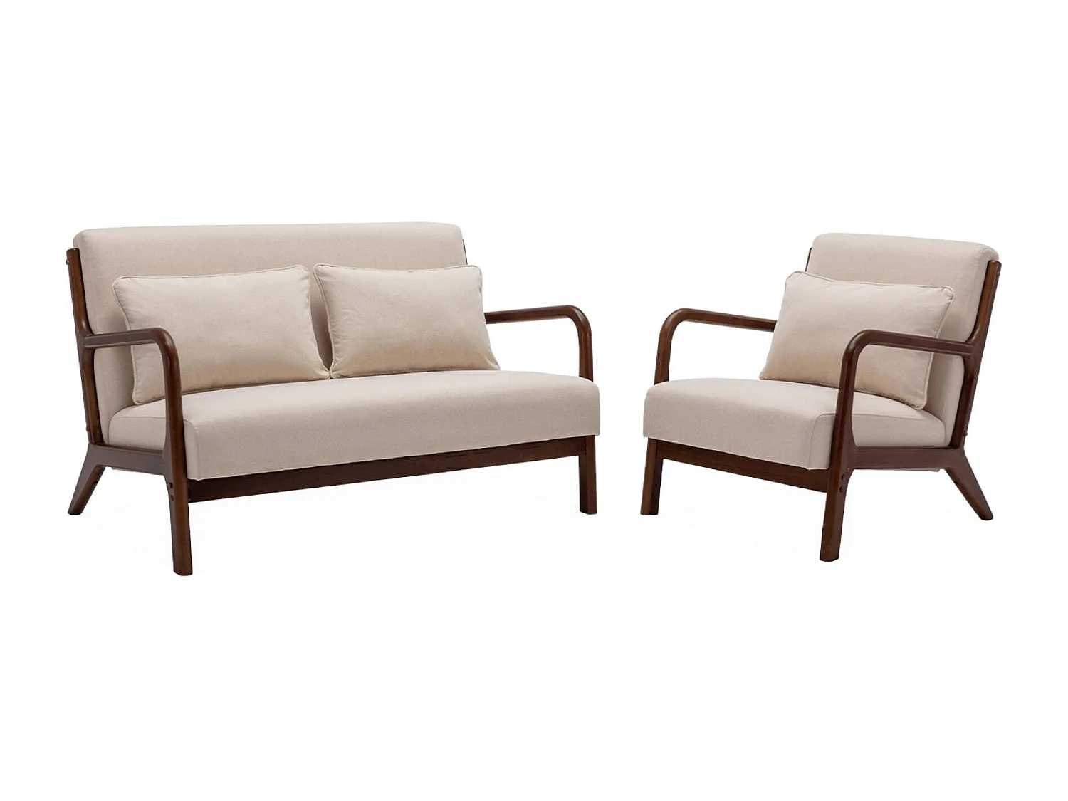 Set panca scandinava 2 posti e poltrona in legno di hevea, beige