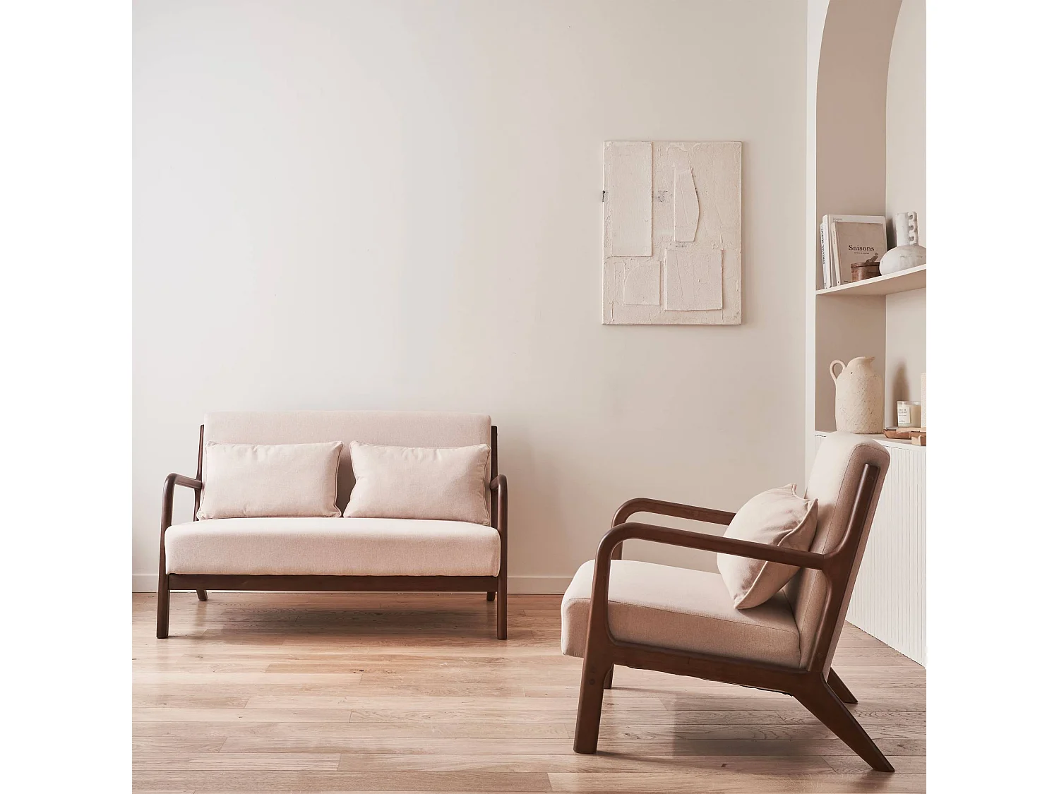 Set panca scandinava 2 posti e poltrona in legno di hevea, beige