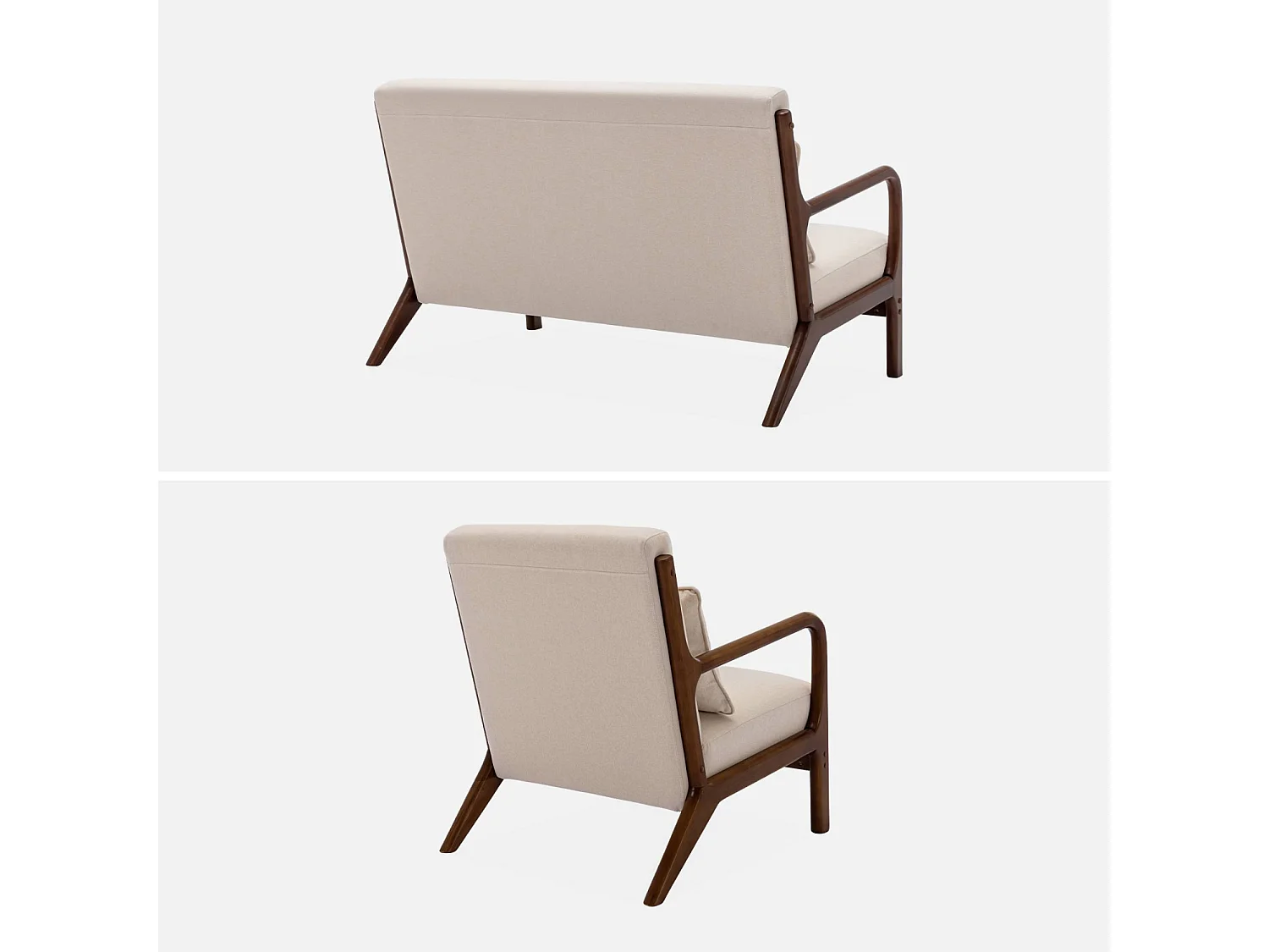 Set panca scandinava 2 posti e poltrona in legno di hevea, beige