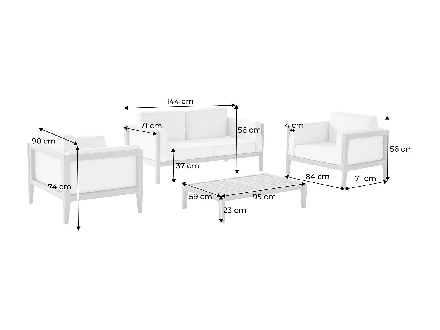 Conjunto de jardín de madera de acacia, 4 plazas natural