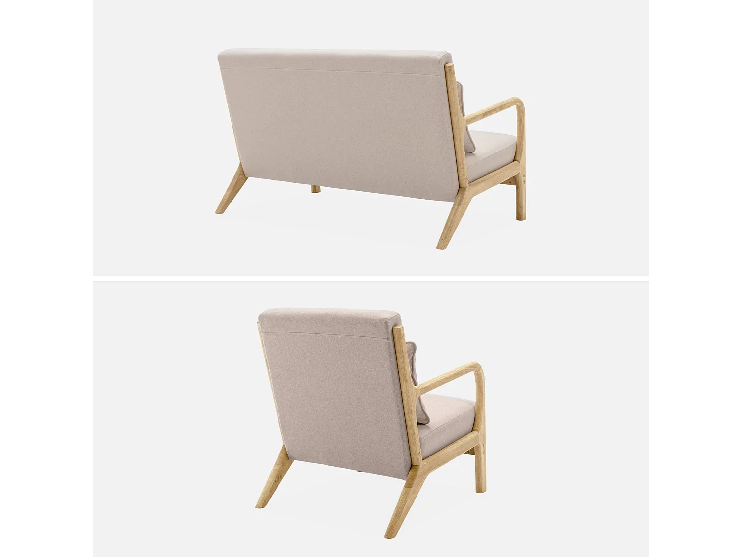 Set panca scandinava 2 posti e poltrona in legno, beige