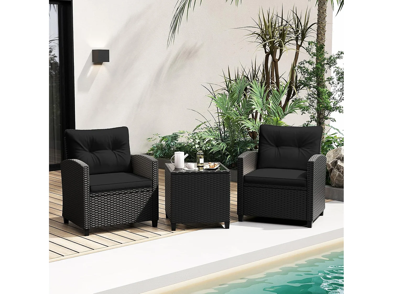 3-delige rotan tuinmeubelset, balkonmeubels met kussens, 2 stoelen en tafel, polyrotan balkonset,tuingarnituur, zitgroep voor terras, balkon, tuin (zwart)TI94514