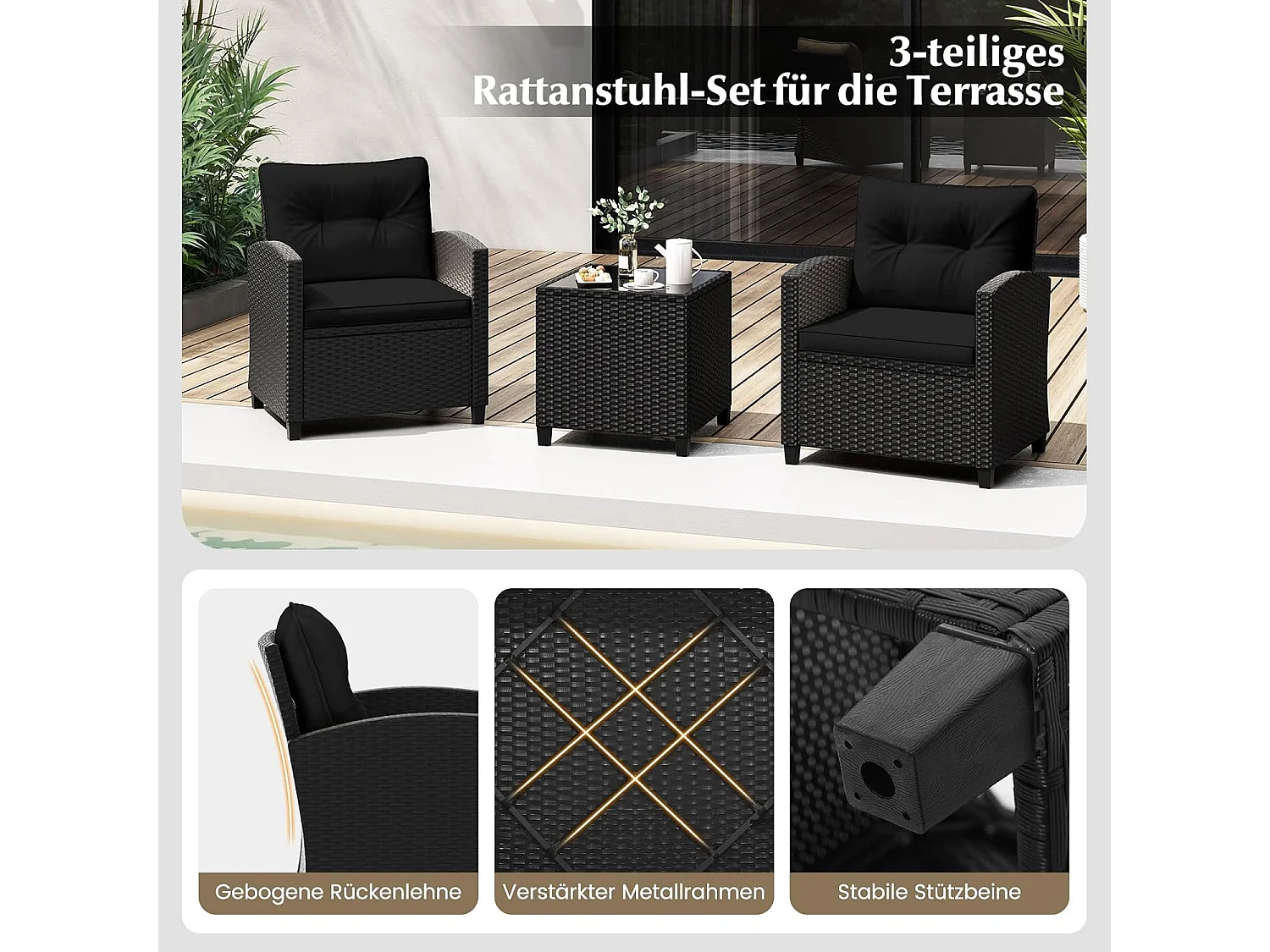 3-delige rotan tuinmeubelset, balkonmeubels met kussens, 2 stoelen en tafel, polyrotan balkonset,tuingarnituur, zitgroep voor terras, balkon, tuin (zwart)TI94514