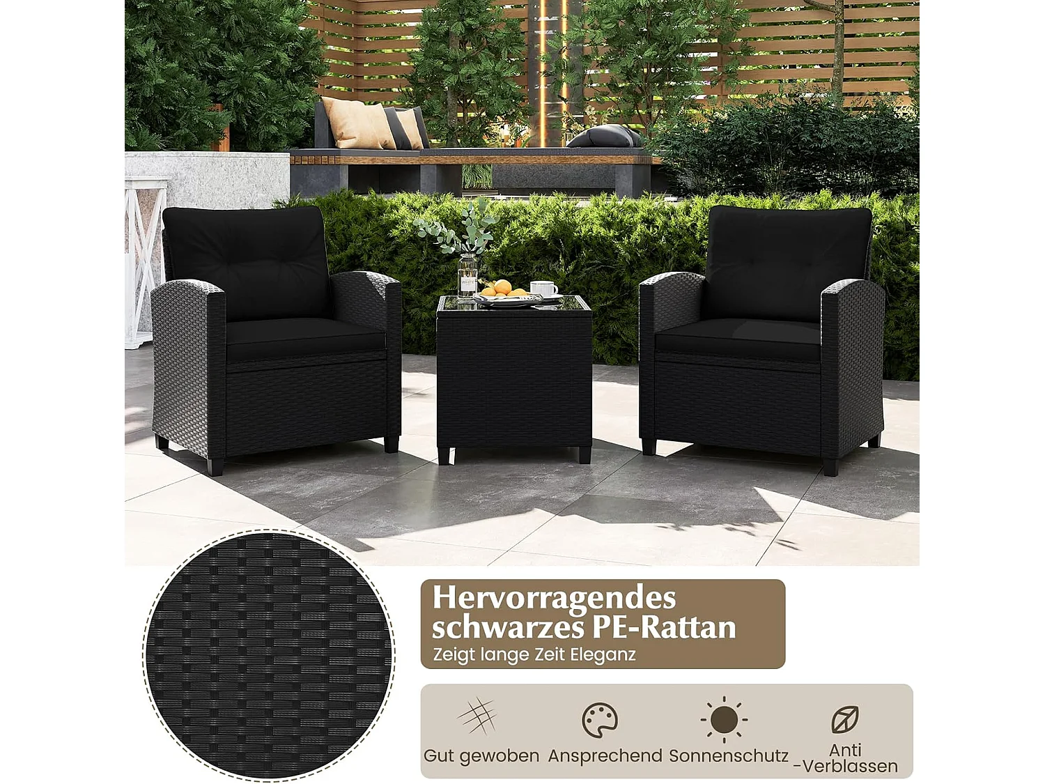 3-delige rotan tuinmeubelset, balkonmeubels met kussens, 2 stoelen en tafel, polyrotan balkonset,tuingarnituur, zitgroep voor terras, balkon, tuin (zwart)TI94514