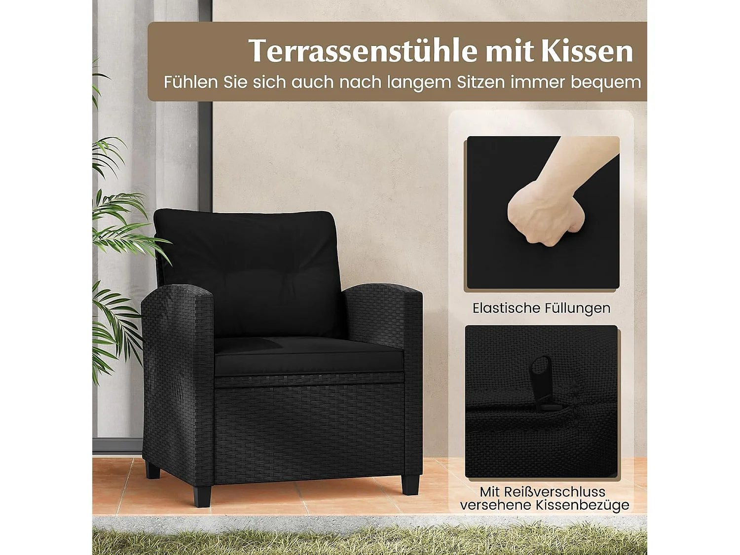 3-delige rotan tuinmeubelset, balkonmeubels met kussens, 2 stoelen en tafel, polyrotan balkonset,tuingarnituur, zitgroep voor terras, balkon, tuin (zwart)TI94514