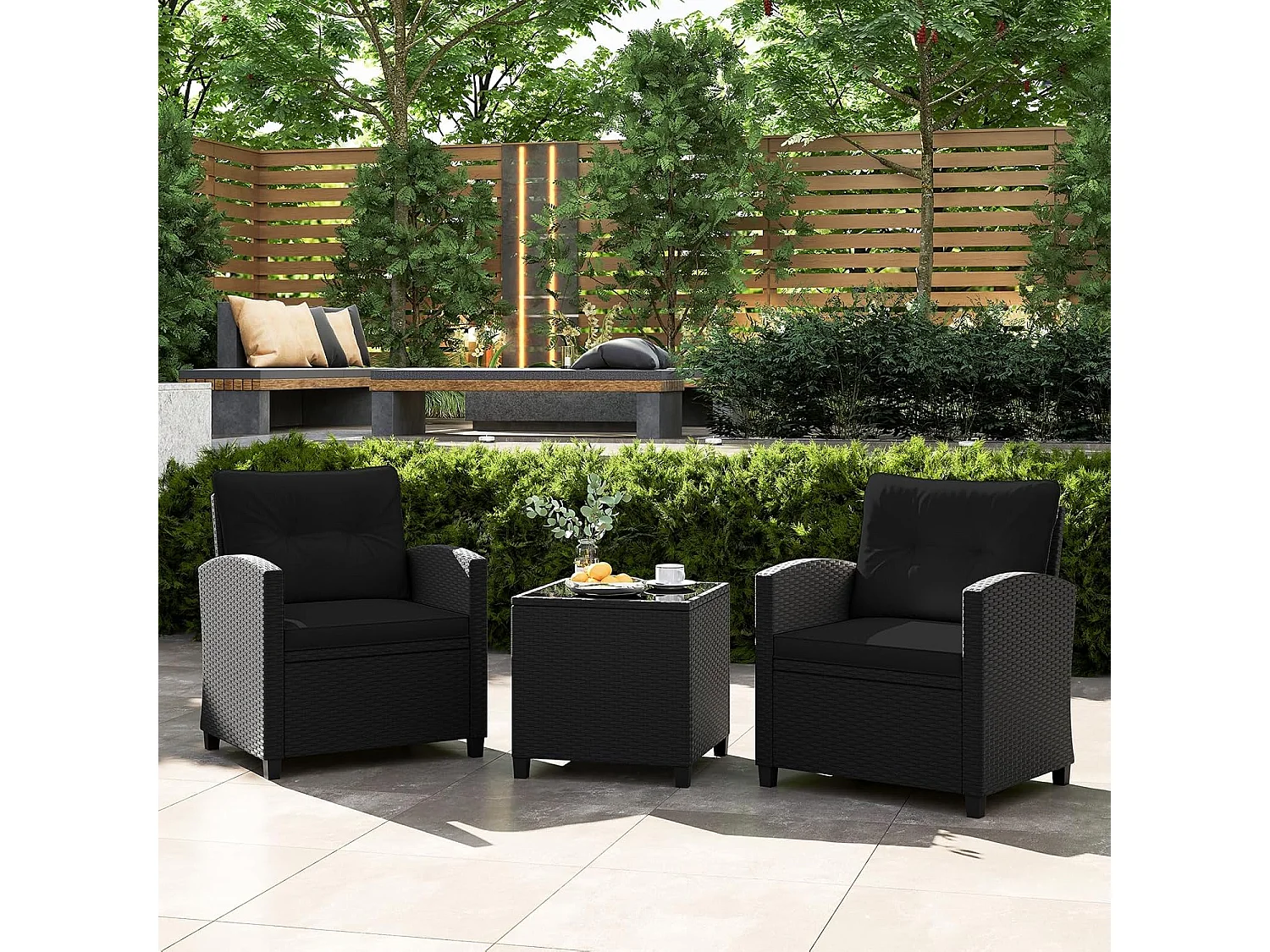 3-delige rotan tuinmeubelset, balkonmeubels met kussens, 2 stoelen en tafel, polyrotan balkonset,tuingarnituur, zitgroep voor terras, balkon, tuin (zwart)TI94514