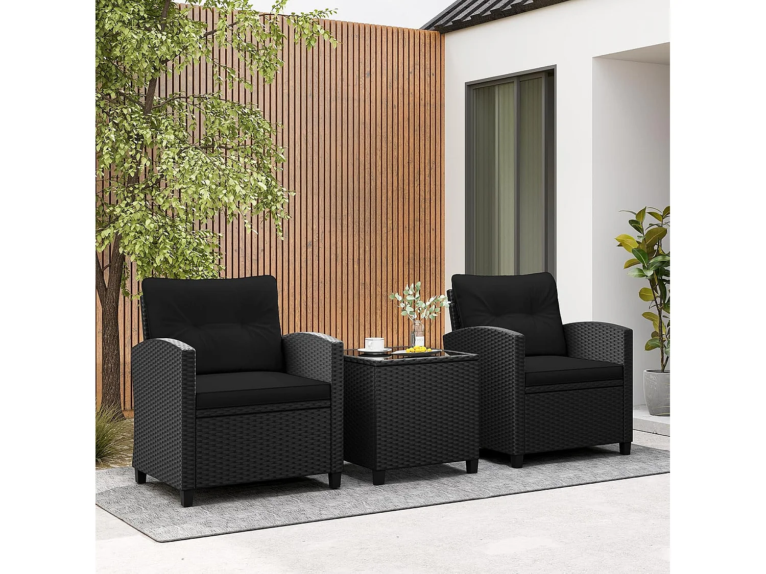 3-delige rotan tuinmeubelset, balkonmeubels met kussens, 2 stoelen en tafel, polyrotan balkonset,tuingarnituur, zitgroep voor terras, balkon, tuin (zwart)TI94514