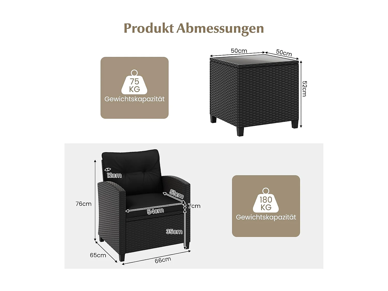 3-delige rotan tuinmeubelset, balkonmeubels met kussens, 2 stoelen en tafel, polyrotan balkonset,tuingarnituur, zitgroep voor terras, balkon, tuin (zwart)TI94514