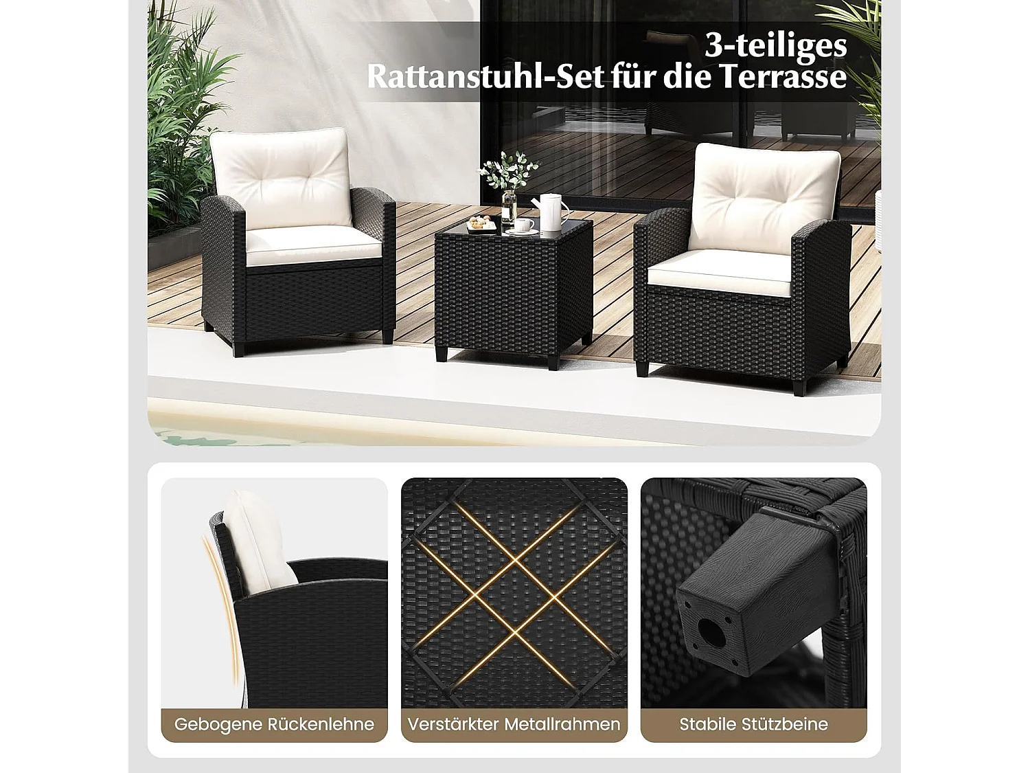 3-delige rotan tuinmeubelset, balkonmeubels met kussens, 2 stoelen en tafel, polyrotan balkonset,tuingarnituur, zitgroep voor terras, balkon,tuin (crèmewit)TI94514