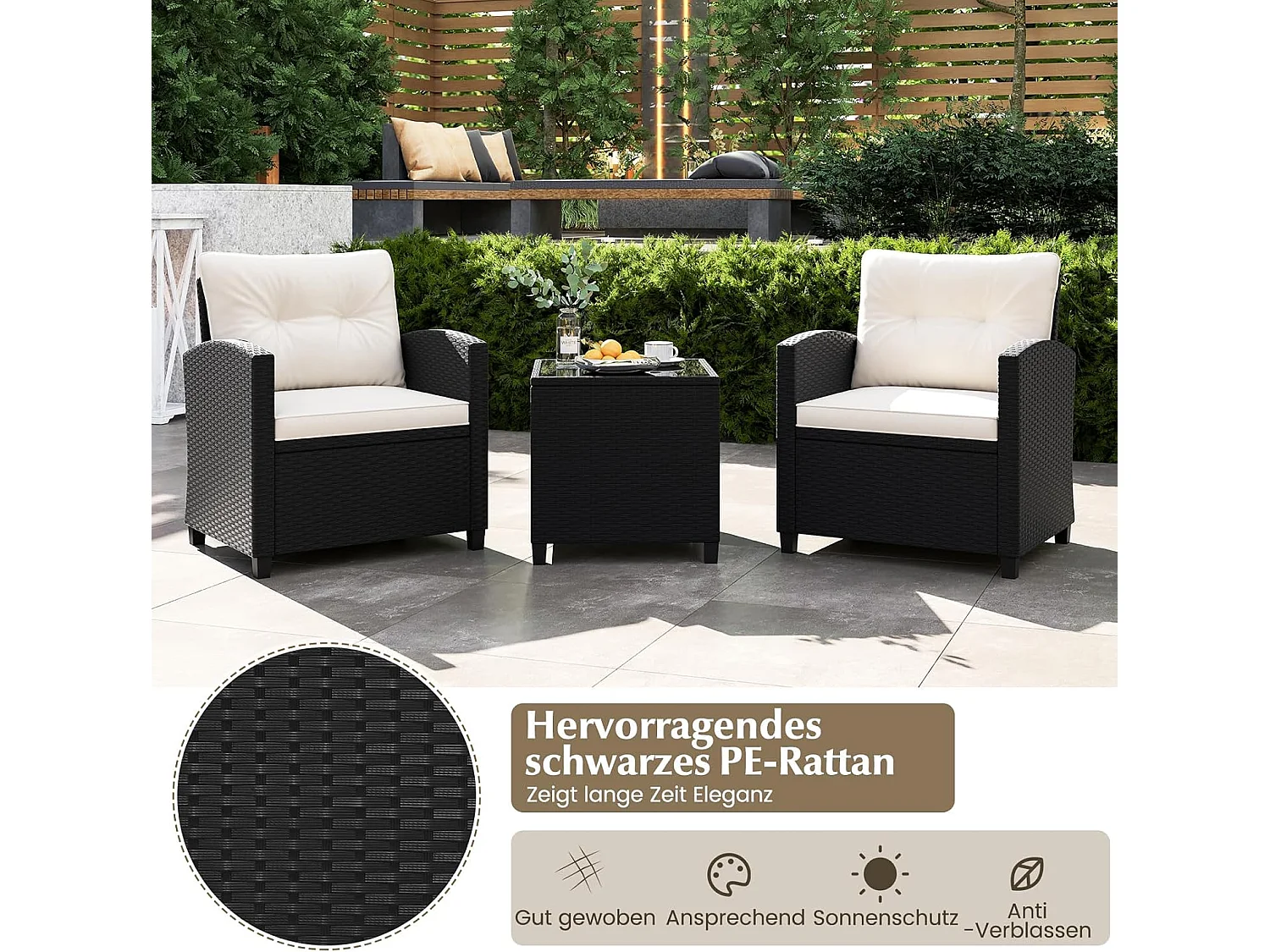 3-delige rotan tuinmeubelset, balkonmeubels met kussens, 2 stoelen en tafel, polyrotan balkonset,tuingarnituur, zitgroep voor terras, balkon,tuin (crèmewit)TI94514