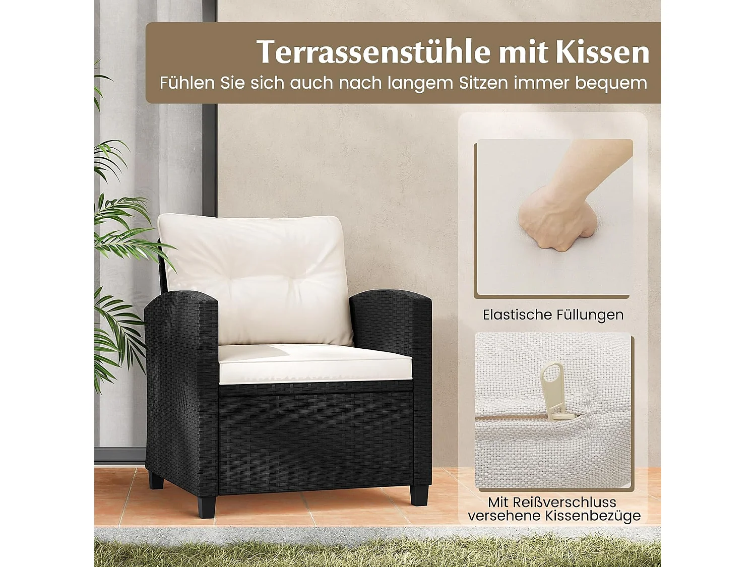 3-delige rotan tuinmeubelset, balkonmeubels met kussens, 2 stoelen en tafel, polyrotan balkonset,tuingarnituur, zitgroep voor terras, balkon,tuin (crèmewit)TI94514