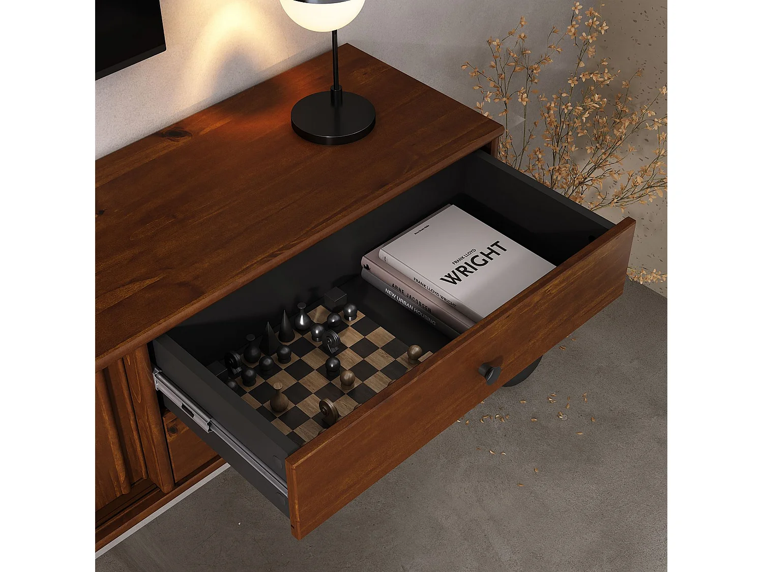 Meuble TV Suspendu SIMONA, 2 Portes 2 Tiroirs, 175 cm, Couleur Châtaignier, En Pin Massif, Style Naturel et Chaleureux